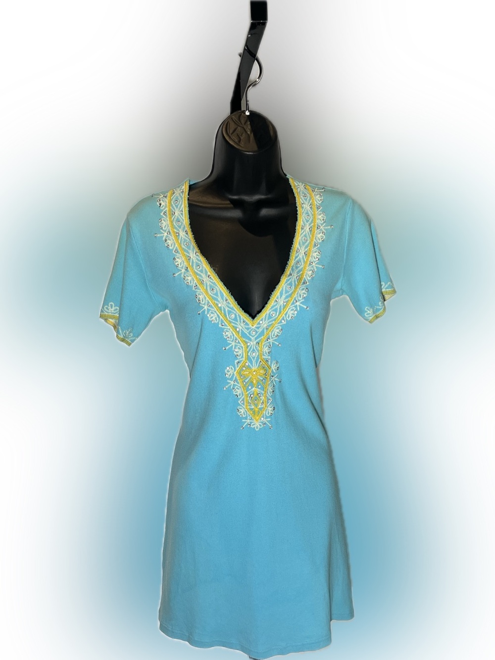 Moda International Beaded VNeck Tunic Turquoise Top/ Mini Dress